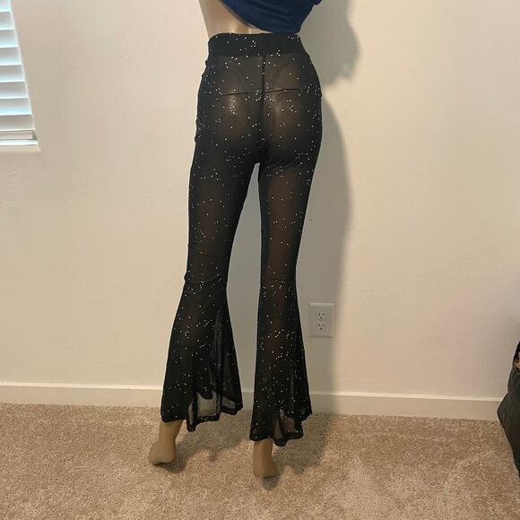 high waist small black sheer mesh studded flare leg pant club rave P2 4559 - Picture 11 of 11